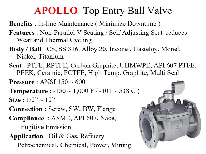 Top Entry Ball Valve / ANSI 150 ~ 600, Screw & Flange 1/2" ~ 12" - Apollo - Gamako
